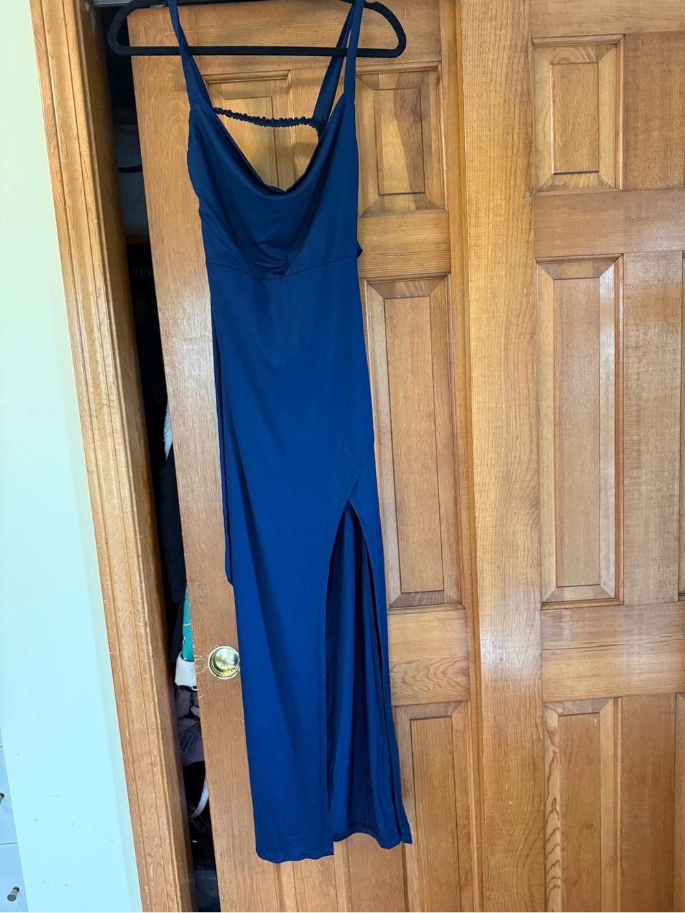 Cowl Neck Navy Blue Maxi Dress with Side Slit